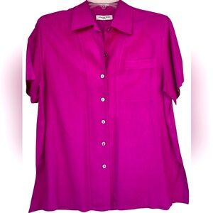 Silk Blouse Collar, short sleeve side slits Fuchsia Pink, Size L, Amanda Smith